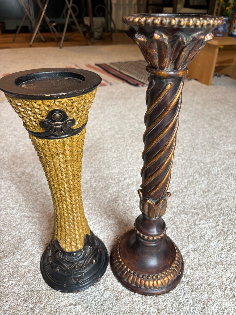 2 pcs Vintage Ornate Antique Decorative Candle Holders Candlesticks 13” and 16”